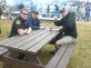 Yellowknife Emergency Response officials eat at the picnic table