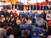 Team Nunavik (in the fur-lined jackets) face off against Team Alaska in the hand games competition on Day 6 of the Arctic Winter Games in Yellowknife.